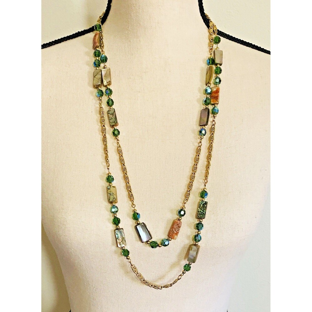 Vintage NAPIER Necklace Abalone & Green Aurora Borealis Crystal Book Piece 62-in